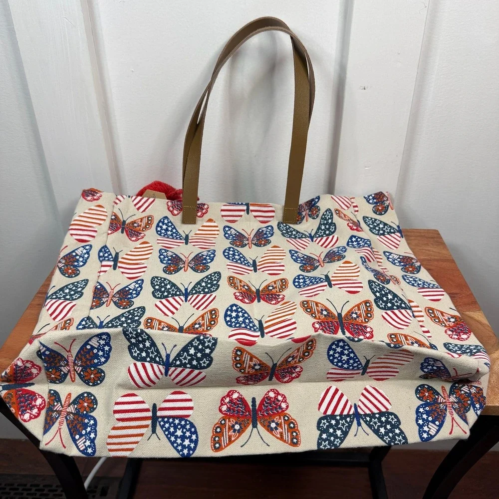 Canvas Boho Butterfly Flag Print Tote Bag Red White Blue Pom‎ Pom Red Straps